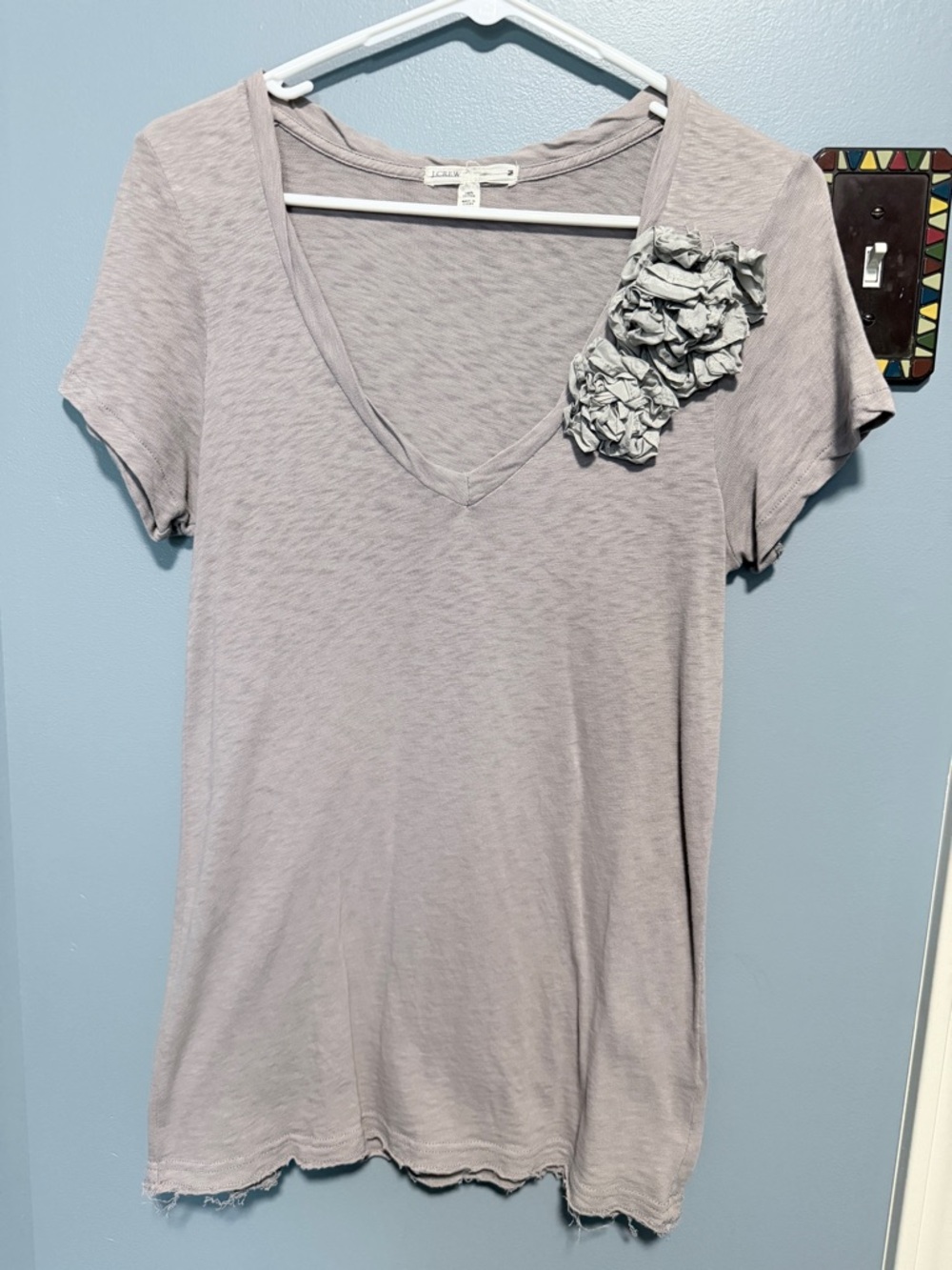 J. Crew Light Gray V-Neck Tee with Floral Rosette
